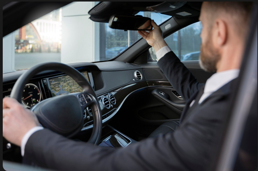 Chauffeur Taxi Belgique en costume, au volant d'un véhicule haut de gamme en Belgique