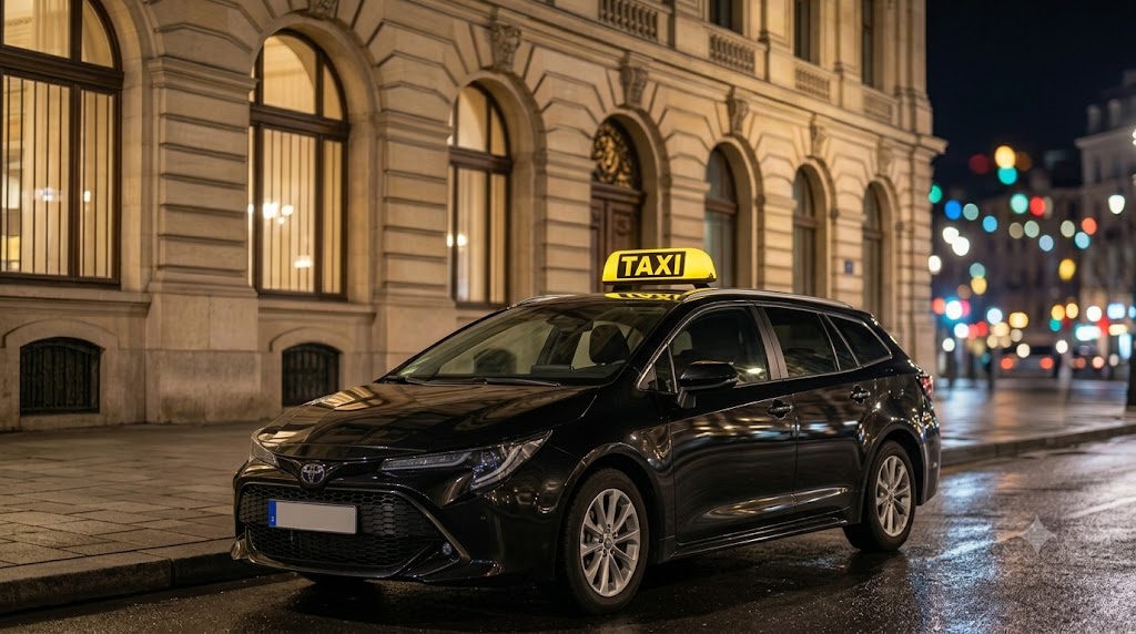 Taxi noir Taxi Belgique stationné en Belgique, prêt pour un transfert